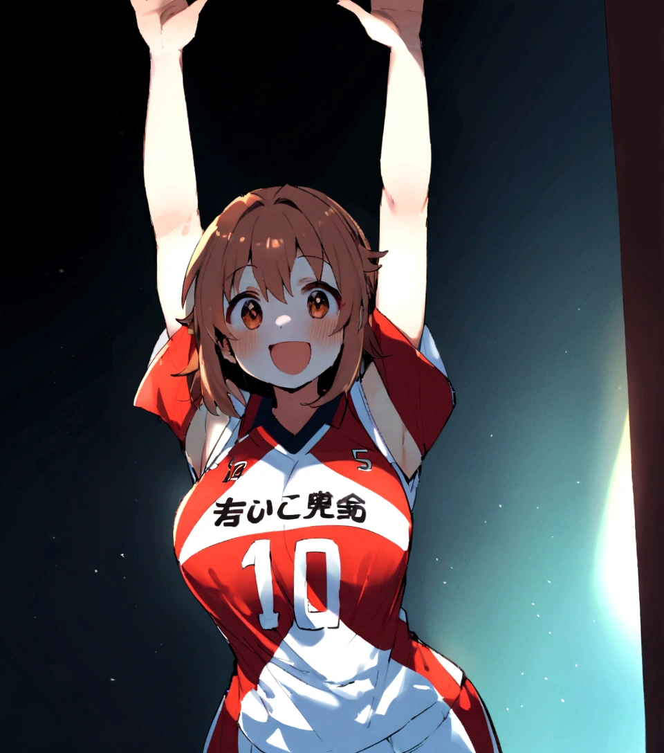 There is a woman standing up with her arms in the air, Wearing a volleyball jersey, kimi takemura, Pause(Raise the hand + Happy), chiho ashima, most strongest Pause, with Raise the hand, Kazue Kato,cute,Japanese high school students,Sleeveless