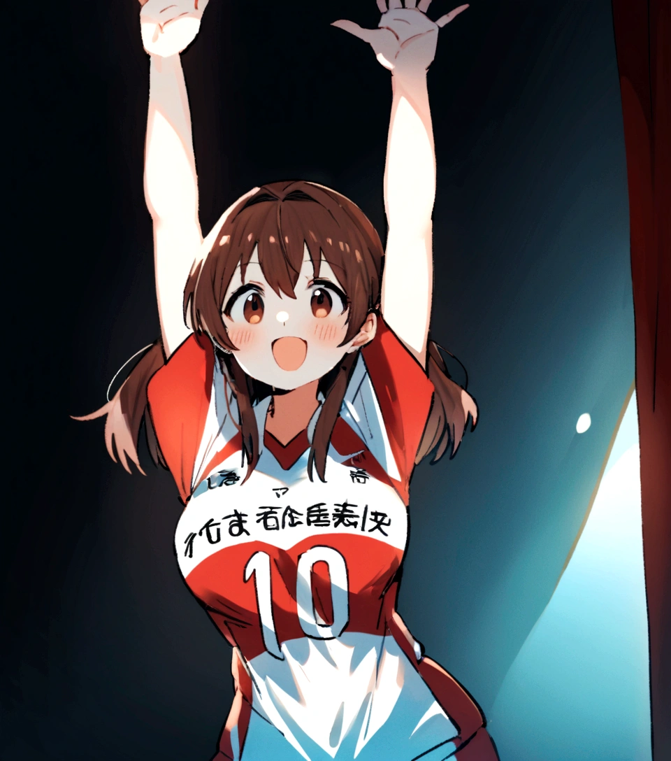 There is a woman standing up with her arms in the air, Wearing a volleyball jersey, kimi takemura, Pause(Raise the hand + Happy), chiho ashima, most strongest Pause, with Raise the hand, Kazue Kato,cute,Japanese high school students,Sleeveless