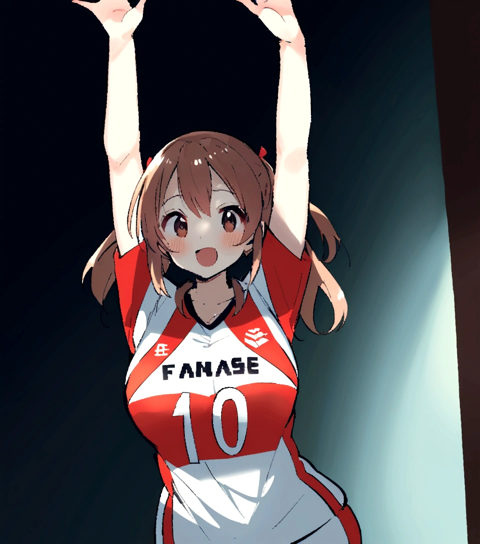 There is a woman standing up with her arms in the air, Wearing a volleyball jersey, kimi takemura, Pause(Raise the hand + Happy), chiho ashima, most strongest Pause, with Raise the hand, Kazue Kato,cute,Japanese high school students,Sleeveless