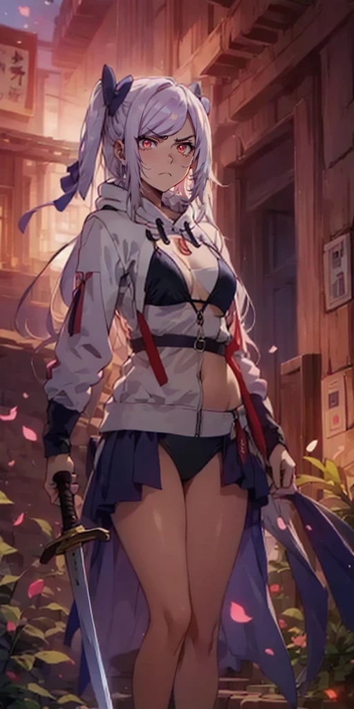 (silver hair:1.3), long hair, ribbon, twintail, red eyes, 1girl, solo, sword, holding_sword, jewelry, standing, looking_at_viewer, sakura, plants, rock, backlighting, bokeh falling petals, HD, holding_sword, breasts, cropped hoodie, black bikini, long sleeves, hollow eyes, red eyes, looking at viewer. glowing eyes, (heavy breathing:1.2), (annoyed:1.2),