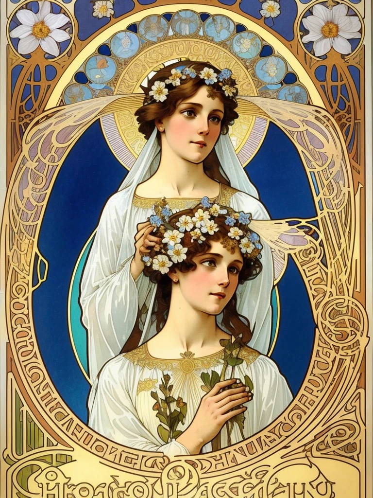 (1girl), extremely detailed, (poster art, ) golden halo, alphonse mucha, art nouveau poster, Virgin Mary, blue flowing dress, (flowering patterning, halo design, Upper body )