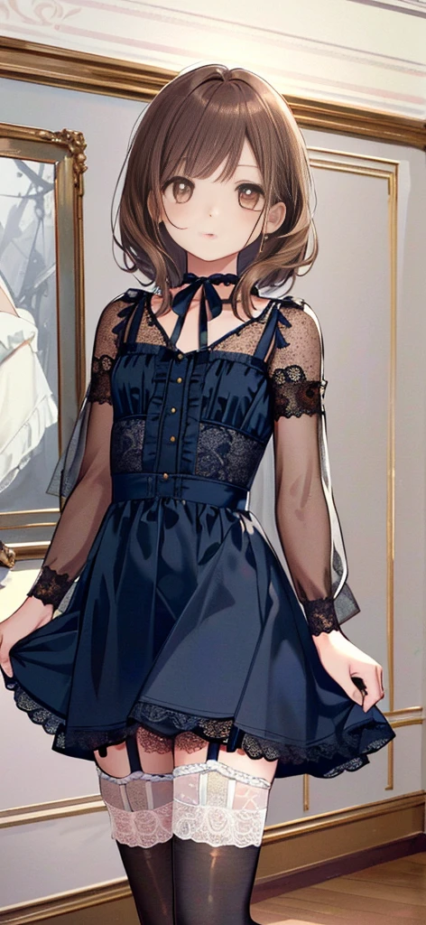 ((masterpiece)), ((best quality)), ((ultra detailed)), ((kawaii)), cute, (lovely), ((extremely detailed)), ((8K)), (beautiful), full body, luxury room, a cute girl, 1girl, solo, blue mini camisole dress,beautiful light brown hair, ((detailed beautiful brown eyes)), white-skinned, flat breast, tiny breast, garter belt,(garter stockings:1.4),pink eyeshadow
