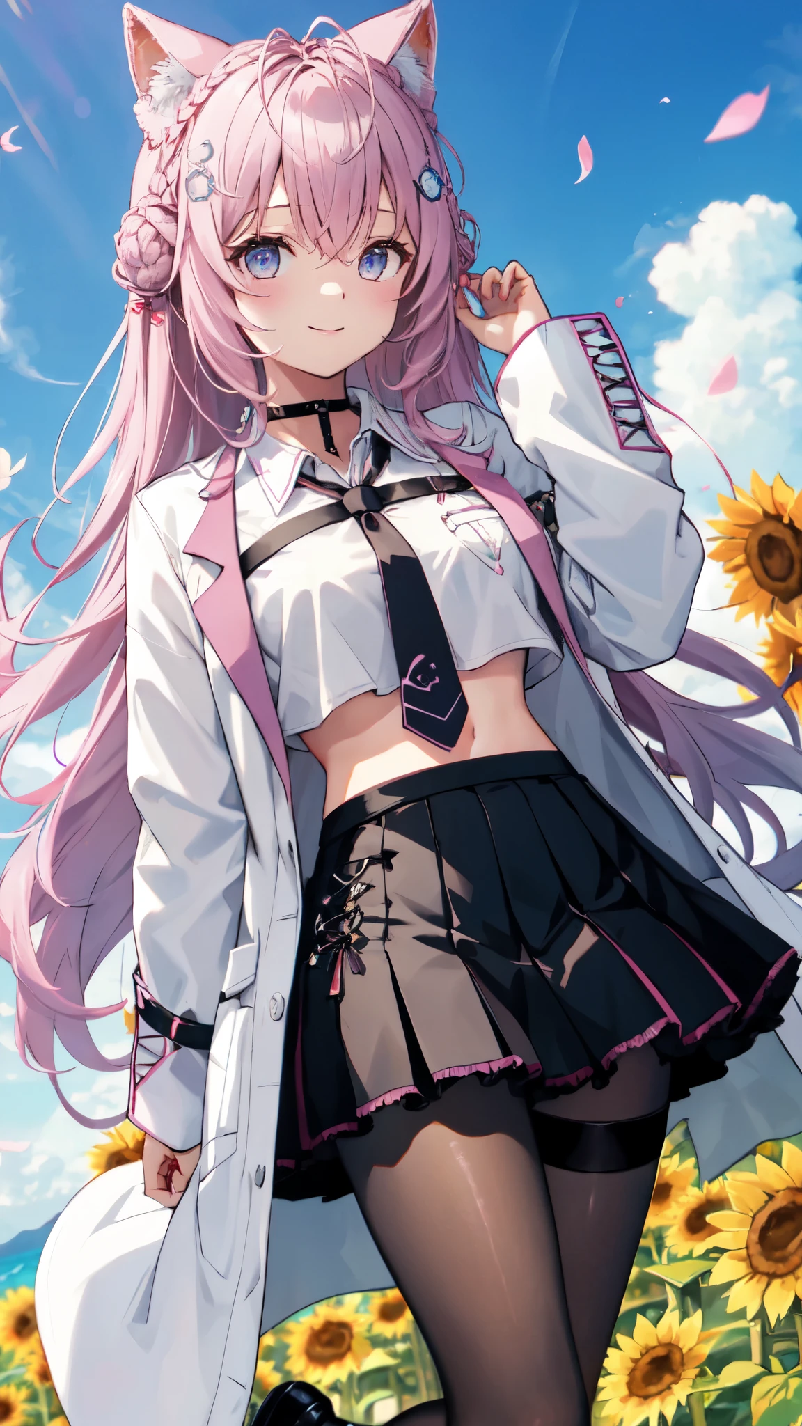 cute ,alone,Wind,smile,Lens flare,dramatic, Coastal,
Flying petals, flowery Field, null, sun,Field, sunflower, masterpiece, long hair, hair bun, double bun, braided bun, crown braid, hexagon, choker, black choker, necktie, pink necktie, shirt, white shirt, collared shirt, crop top, crop top overhang, fingernails, nail polish, pink nails, watch, pocket watch, midriff, navel, belt, skirt, miniskirt, black skirt, pleated skirt, frills, frilled skirt, test tube, pantyhose, black pantyhose, thigh strap, shoes, black footwear, high heels, coat, labcoat, white coat, open coat, open clothes, long sleeves, sleeves past wrists, pocket