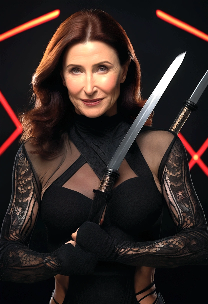 A beautiful, youthful-looking woman in her 30s (Mimi Rogers), wearing a sheer black bodysuit, ninja outfit, with tape over her nipples, nude underneath, in a brave and strong ninja pose, wielding ninja weapons, photorealistic, 8k, high quality, intricate details, dramatic lighting, cinematic, dark and moody