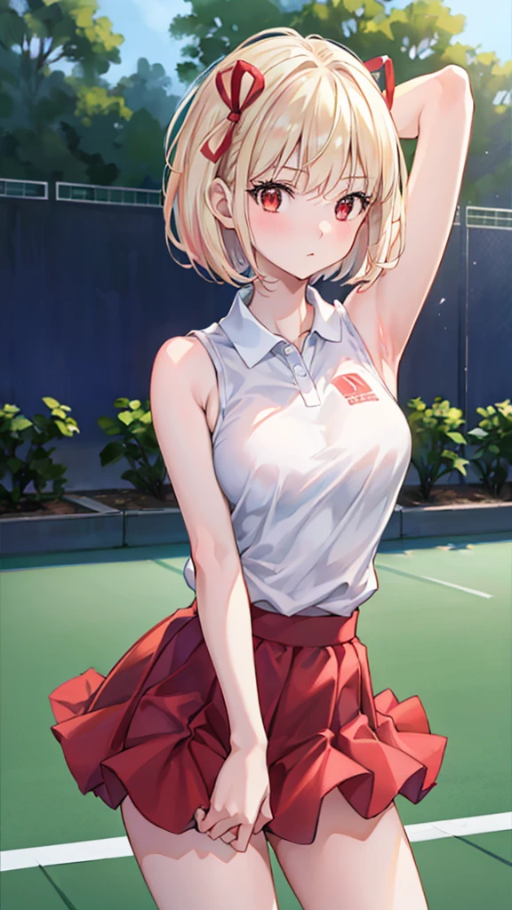 30year old women,blonde short hair,green eyes,red cheerleader,black bike shorts