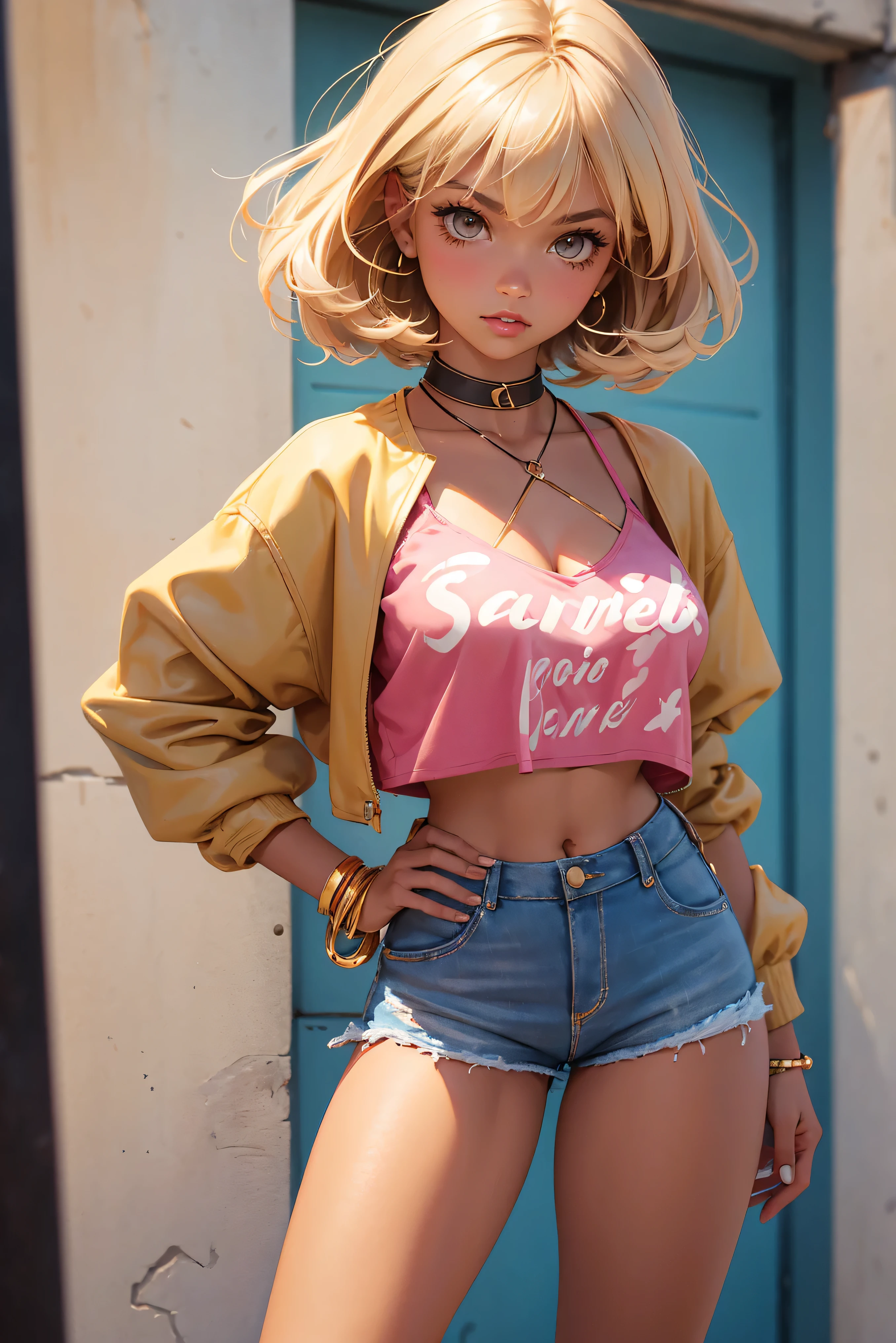 Teenage girl-model 18 years old, beautiful, tanned, blonde, bob hair, bangs, brown eyes, beautiful figure, girl wearing crop shirt and too short mini shorts, beautiful long legs, slave bracelets, slave choker, manicure, cute makeup, flirtatiously posing, hot summer, hot flirty, sexy posing, summer outfit, top quality, higest quality, pin-up style, retro 80s style, Daisy Dukes style, slave girl, Miami vibes