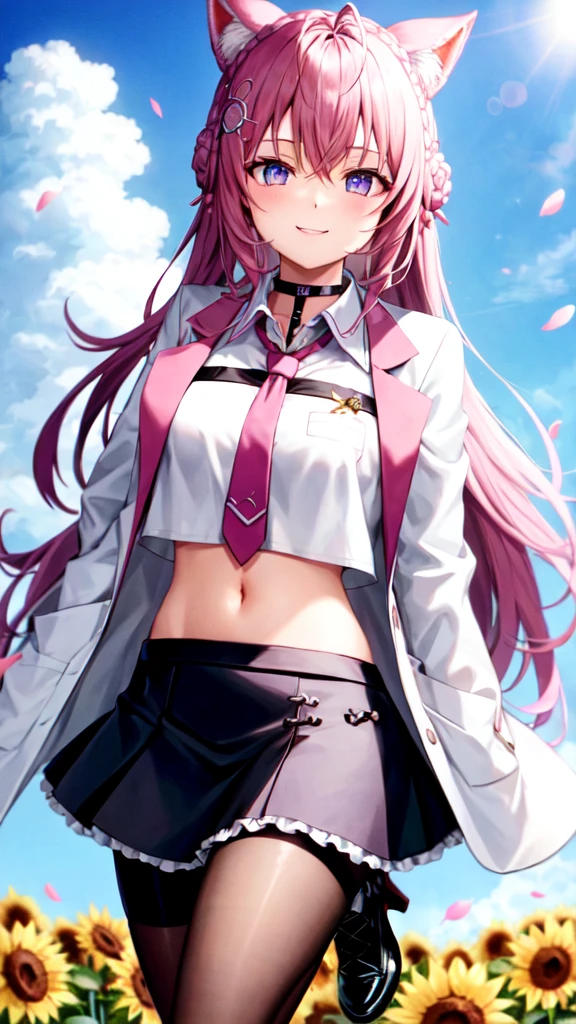 cute ,alone, Wind, smile, Lens flare, dramatic, Coastal, Flying petals, flowery Field, sun, Field, sunflower, masterpiece, long hair, hair bun, double bun, braided bun, crown braid, hexagon, choker, black choker, necktie, pink necktie, shirt, white shirt, collared shirt, crop top, crop top overhang, fingernails, nail polish, pink nails, watch, pocket watch, midriff, navel, belt, skirt, miniskirt, black skirt, pleated skirt, frills, frilled skirt, test tube, pantyhose, black pantyhose, thigh strap, shoes, black footwear, high heels, coat, labcoat, white coat, open coat, open clothes, long sleeves, sleeves past wrists, pocket