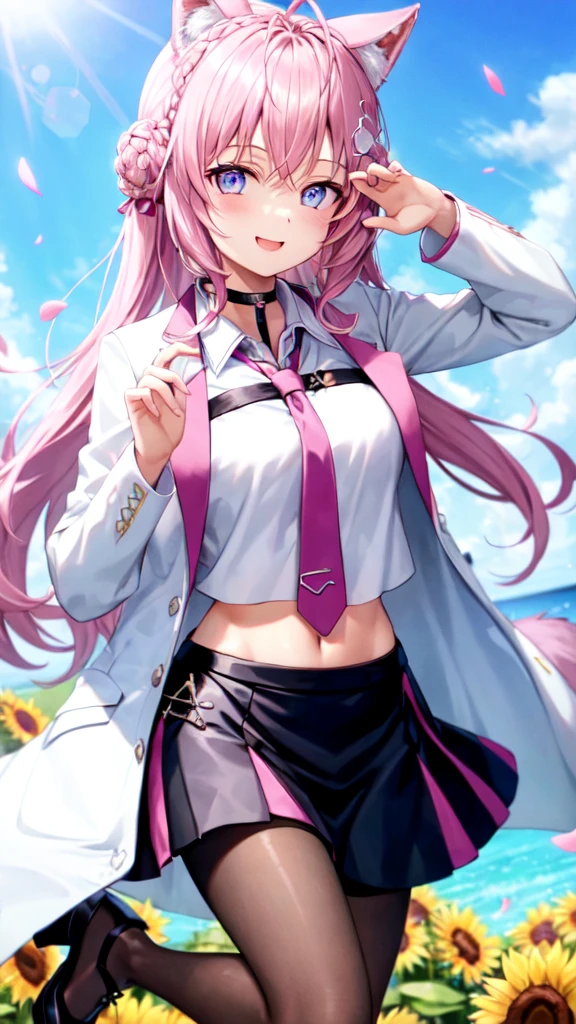 cute ,alone, Wind, smile, Lens flare, dramatic, Coastal, Flying petals, flowery Field, sun, Field, sunflower, masterpiece, long hair, hair bun, double bun, braided bun, crown braid, hexagon, choker, black choker, necktie, pink necktie, shirt, white shirt, collared shirt, crop top, crop top overhang, fingernails, nail polish, pink nails, watch, pocket watch, midriff, navel, belt, skirt, miniskirt, black skirt, pleated skirt, frills, frilled skirt, test tube, pantyhose, black pantyhose, thigh strap, shoes, black footwear, high heels, coat, labcoat, white coat, open coat, open clothes, long sleeves, sleeves past wrists, pocket