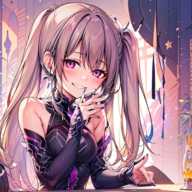 (best quality:1.2),1 girl,alone,with a beautiful ponytail adorned with star hairpins and a black feather hairpin. Her nails are meticulously done with intricate nail art. The colors in the image are vibrant, creating a dreamlike atmosphere. The lighting is soft, casting a ethereal glow on the girl's face. The background is filled with highly detailed floral patterns, adding depth to the scene. The girl has an evil smile on her face, giving a sense of mystery and intrigue.