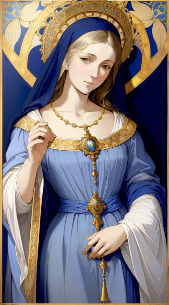 a painting of a woman in a blue and white robe holding a rosary, virgin mary, inspired by Caravaggio, portrait of virgin mary, (( johannes vemeer, ))saint, golden halo, alphonse mucha, art nouveau poster, up close face