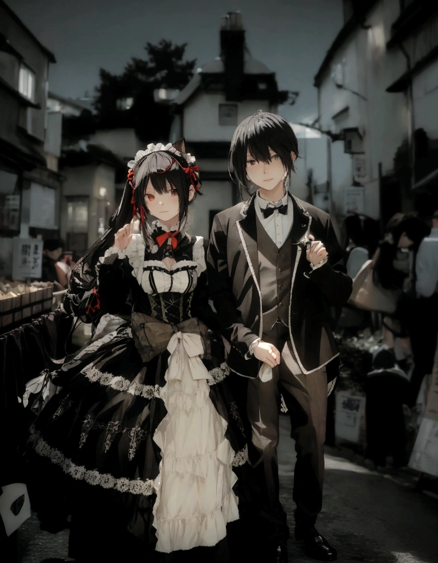  of a man and a woman dressed in costumes, anime cosplay, cosplay photo, cosplay, cosplay of a catboy! maid! dress, cosplayer, japanese gothic, both wearing victorian clothes, full-cosplay, anime convention, hot topic anime convention, victorian gothic lolita fashion, professional cosplay, loli, japanese maid cafe, animesque, date a live shido and tokisaki kurumi 