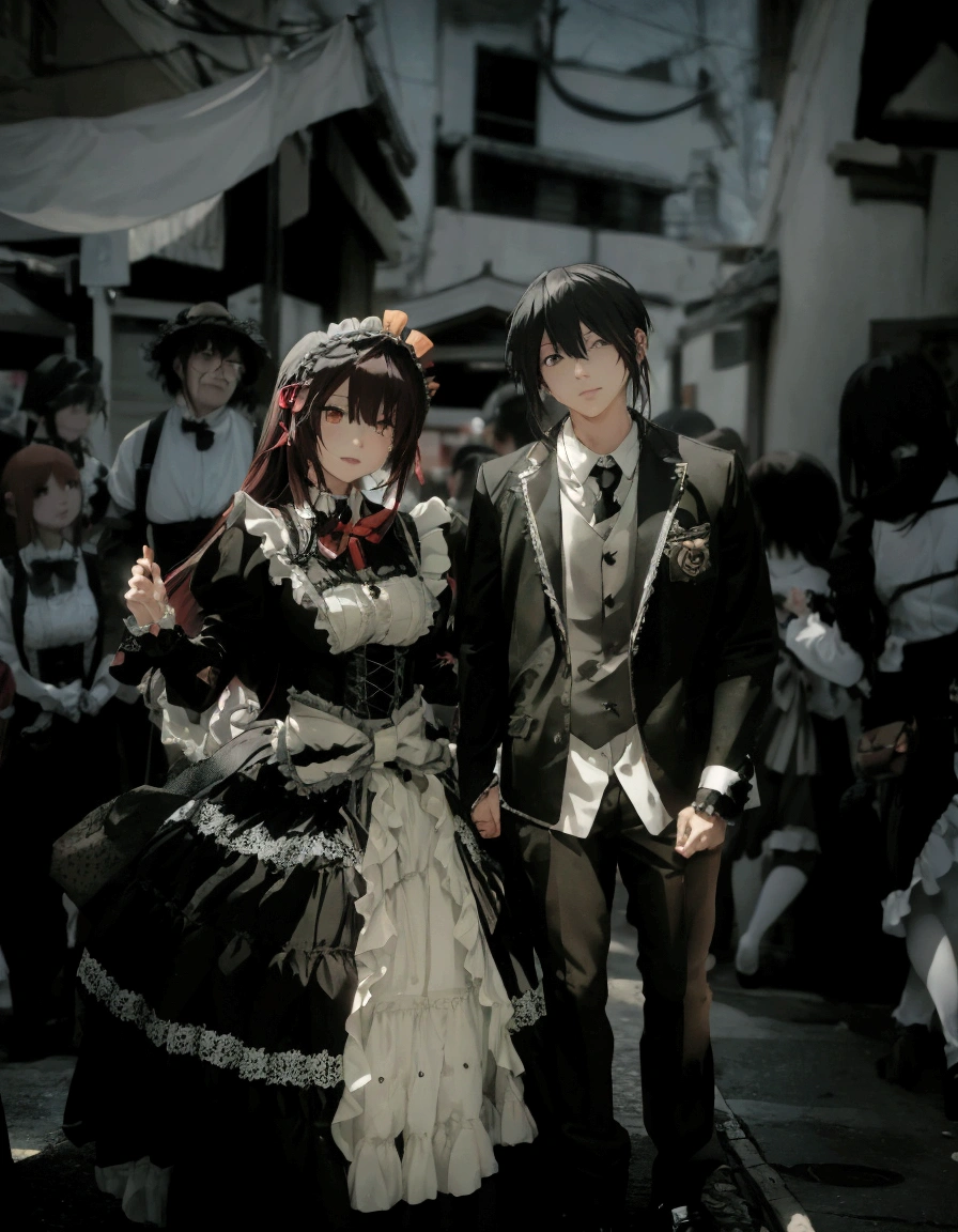  of a man and a woman dressed in costumes, anime cosplay, cosplay photo, cosplay, cosplay of a catboy! maid! dress, cosplayer, japanese gothic, both wearing victorian clothes, full-cosplay, anime convention, hot topic anime convention, victorian gothic lolita fashion, professional cosplay, loli, japanese maid cafe, animesque, date a live shido and tokisaki kurumi 