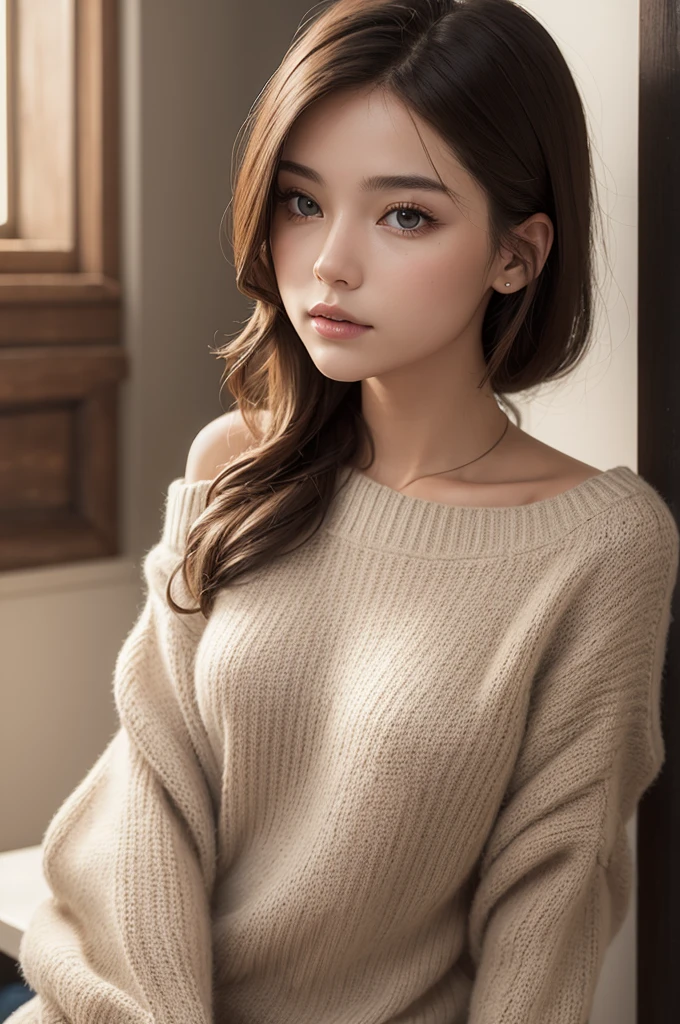 ((best qualityer)), ((work of art)), (detailded), 1 girl, shoulder to shoulder sweater,
