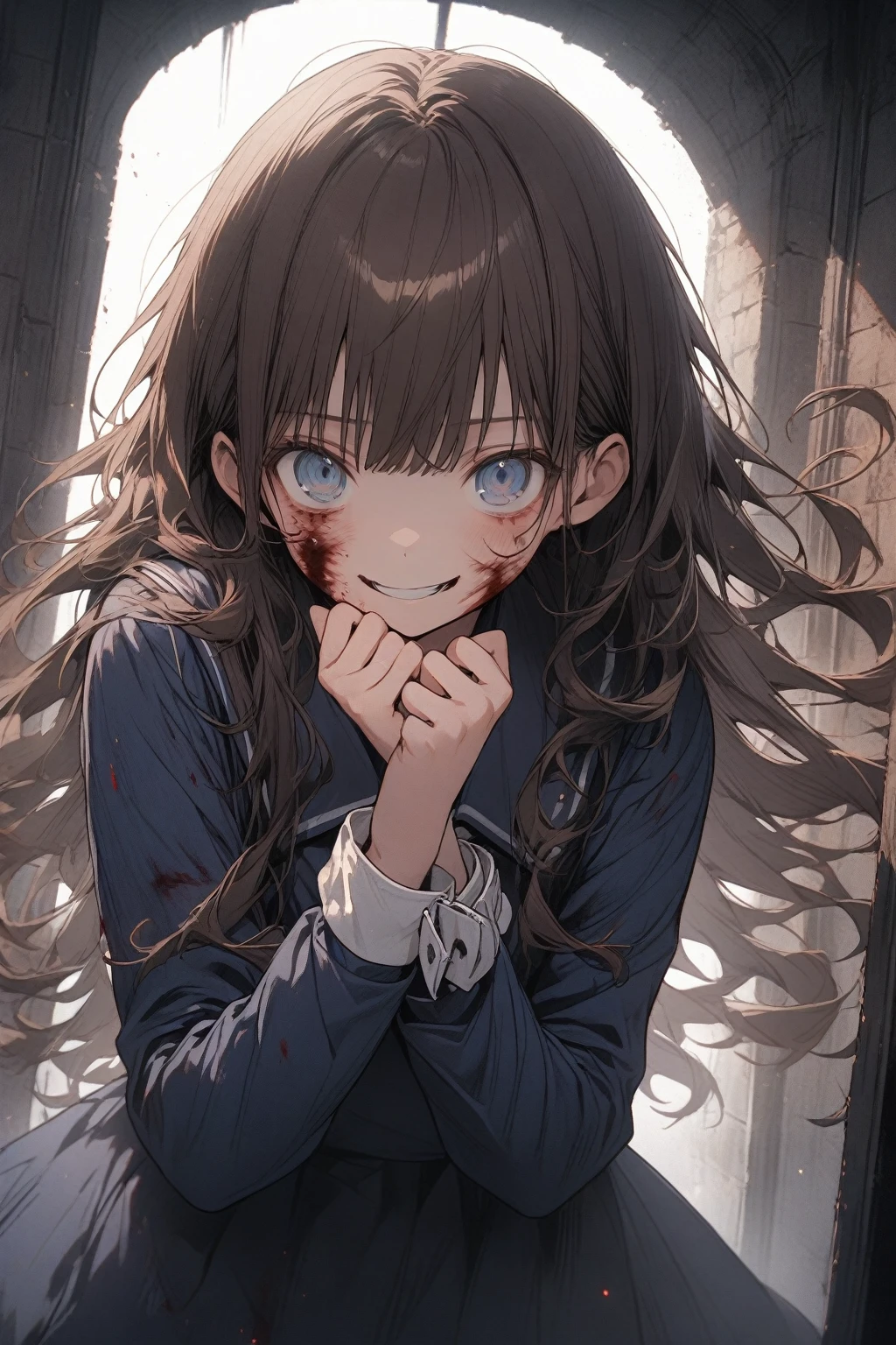 1 girl, upper body, blue eyes, brown hair, long hair with bangs, flowing hair, standing in the stairwell in the entrance, white walls, iron railings, dressed in a dark blue school dress, long sleeves, white cuffs, face in blood, sweat on the face, hands in blood, walls in blood, looks at the viewer, scared look, scared smile, detailed, beautiful, atmospheric, gentle tones