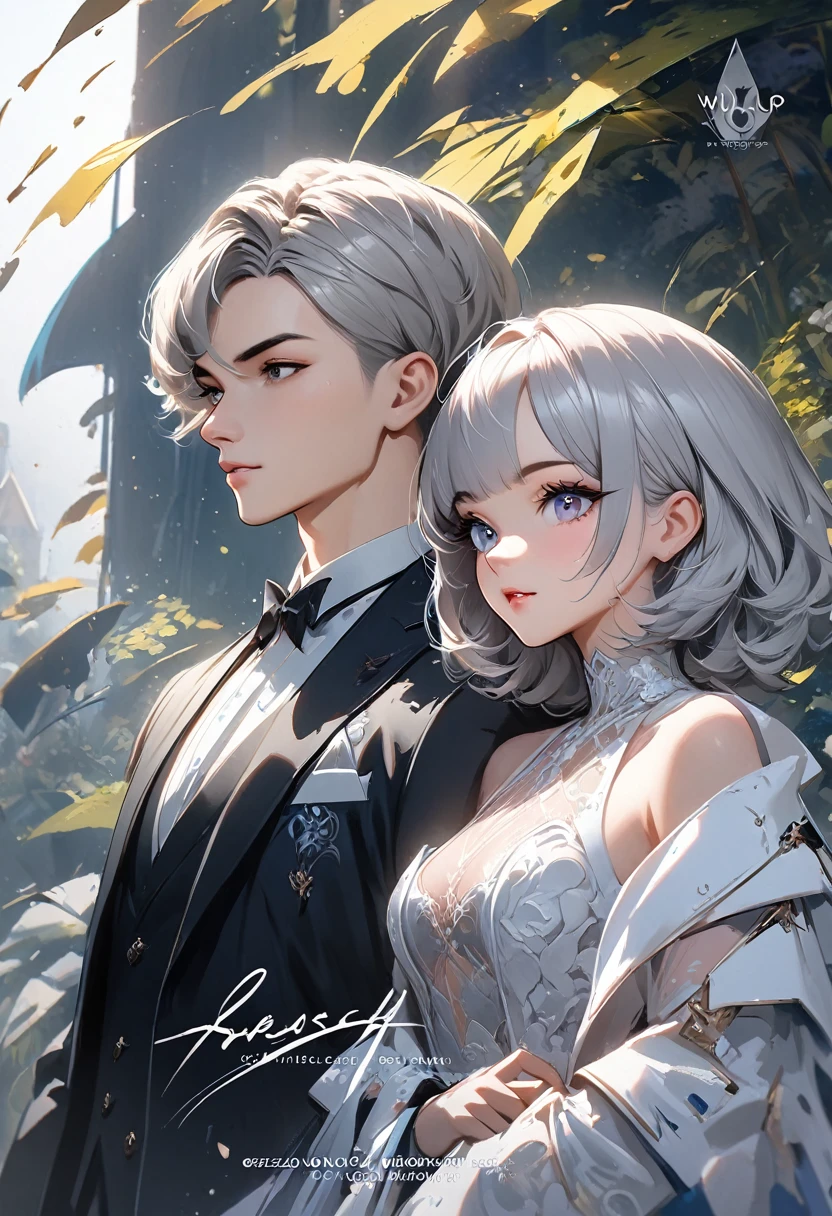 Two people in formal attire posing for a photograph, WLOP and Sakimi-chan, Gweiz-style artwork, wlop and ross tran, Vrop and Andrey Ryabovitchev, Neo-artcore and Charlie Bowter, Reusch and Urop, Knight and Princess, Reusch and Ross Tran, Gray-haired