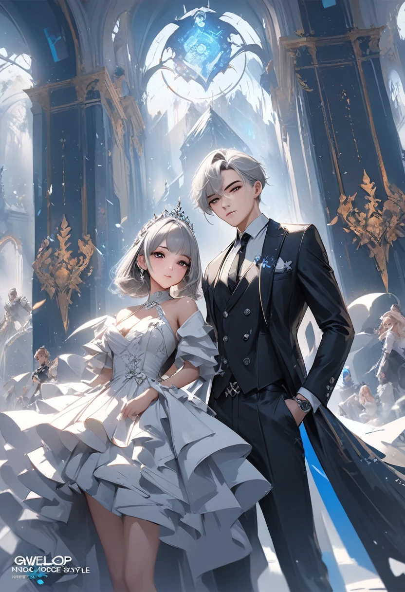 Two people in formal attire posing for a photograph, WLOP and Sakimi-chan, Gweiz-style artwork, wlop and ross tran, Vrop and Andrey Ryabovitchev, Neo-artcore and Charlie Bowter, Reusch and Urop, Knight and Princess, Reusch and Ross Tran, Gray-haired