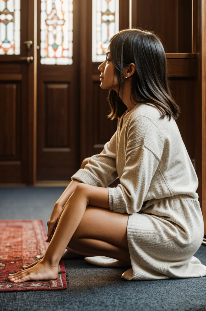 woman from side, kneeling down in an act of worship