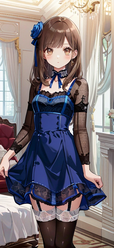 ((masterpiece)), ((best quality)), ((ultra detailed)), ((kawaii)), cute, (lovely), ((extremely detailed)), ((8K)), (beautiful), full body, luxury room, a cute girl, 1girl, solo, blue mini camisole dress,beautiful light brown hair, ((detailed beautiful brown eyes)), white-skinned, flat breast, tiny breast, garter belt,(garter stockings:1.4),pink eyeshadow