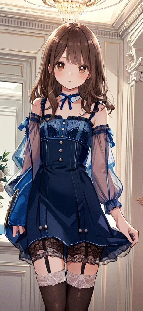 ((masterpiece)), ((best quality)), ((ultra detailed)), ((kawaii)), cute, (lovely), ((extremely detailed)), ((8K)), (beautiful), full body, luxury room, a cute girl, 1girl, solo, blue mini camisole dress,beautiful light brown hair, ((detailed beautiful brown eyes)), white-skinned, flat breast, tiny breast, garter belt,(garter stockings:1.4),pink eyeshadow