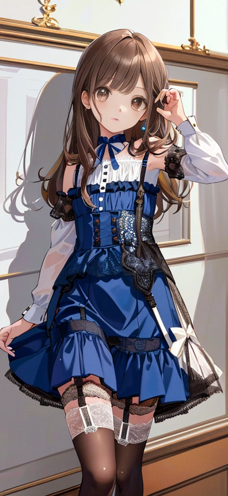 ((masterpiece)), ((best quality)), ((ultra detailed)), ((kawaii)), cute, (lovely), ((extremely detailed)), ((8K)), (beautiful), full body, luxury room, a cute girl, 1girl, solo, blue mini camisole dress,beautiful light brown hair, ((detailed beautiful brown eyes)), white-skinned, flat breast, tiny breast, garter belt,(garter stockings:1.4),pink eyeshadow