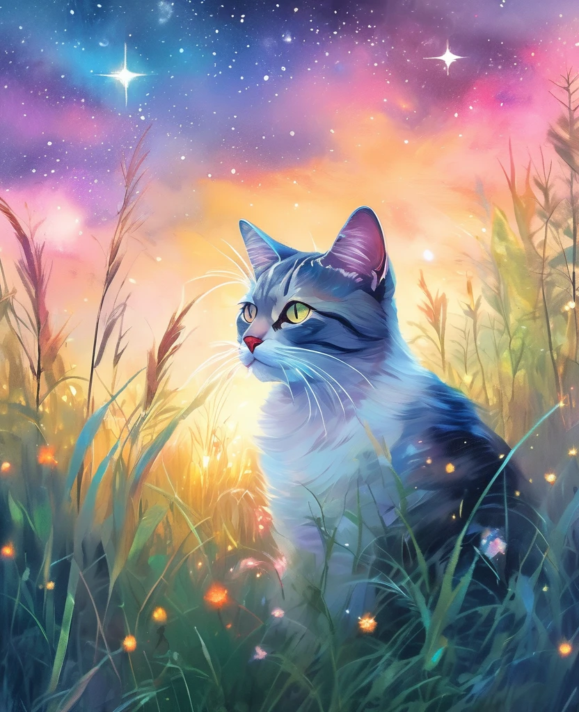 a colorful and lighted sky with a cat sitting in a field surrounded by tall grass, in the style of pastel painting, ethereal light effects, light atmospheric woodland imagery,the stars art group (xing xing)