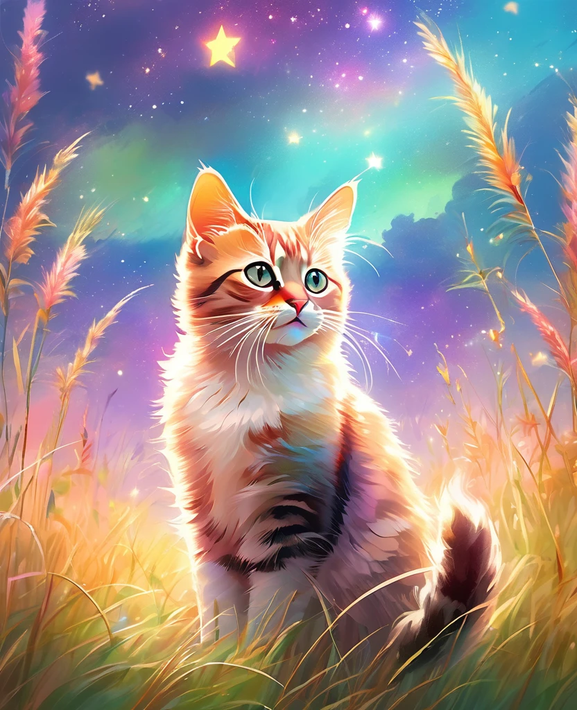 a colorful and lighted sky with a cat sitting in a field surrounded by tall grass, in the style of pastel painting, ethereal light effects, light atmospheric woodland imagery,the stars art group (xing xing)