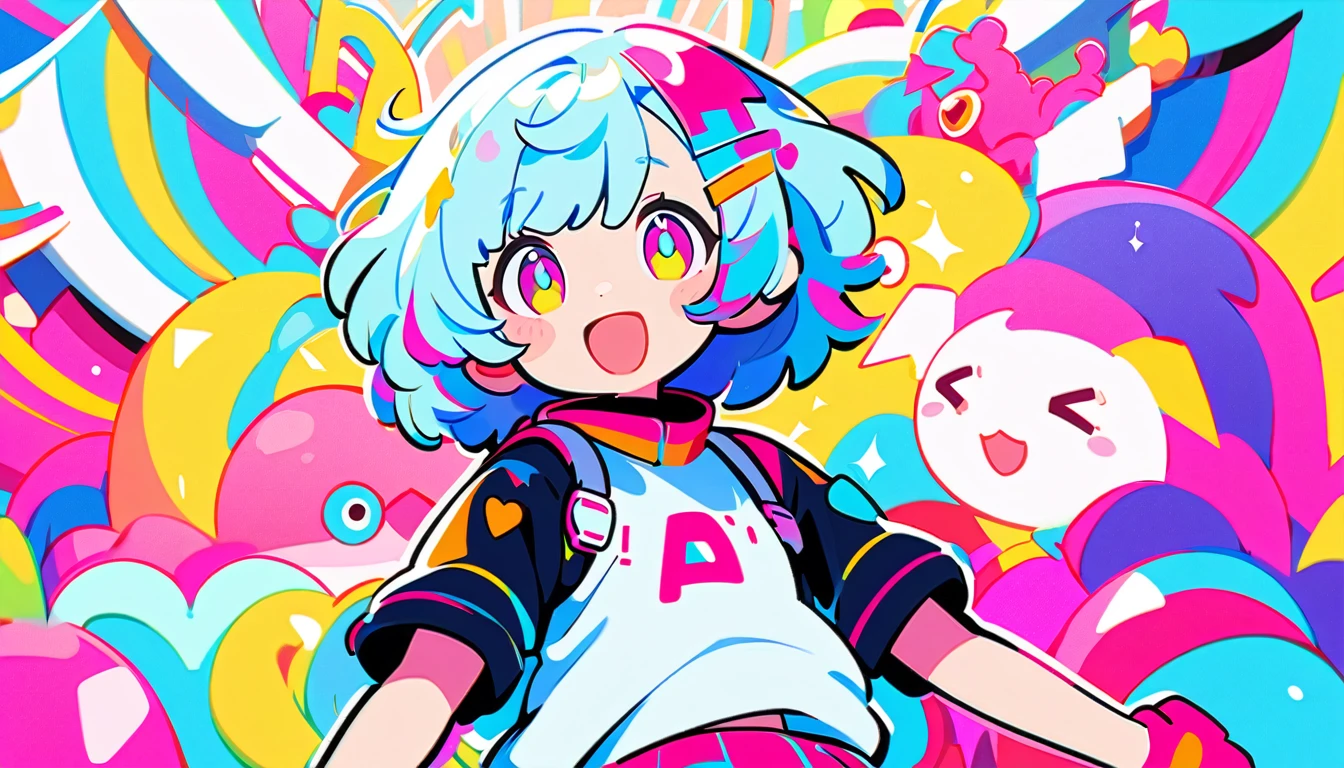 Vibrant art,pop、bright、colorful, 1 female, Light blue hair,　short hair、Happy,cute, animation style, kawaii, clearly, colorful cyberpunk, bubblegum pop, cute、Pink and light blue as main colors、I&#39;m cheering loudly、　Headphonesをしている、Headphones、music、