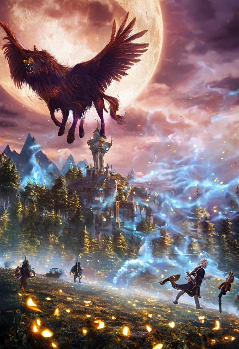 Jaina proudmoore, art by aaron horkey, , , ultra highly detailed, 32k, sharp focus, luminism, detailed oil painting, moon, detailed sky, dark wolf with big highly detailed, by Anato Finnstark . detailed landscape, northern tales aesthetic, dynamic movement, big reflective eyes, forest,glowing, swirling leaves, emerald fog, mystical, complex background, dynamic lighting, lights, intricated pose, highly detailed filigree, intricated, baroque, Hudson river school, Thomas Cole, masterpiece