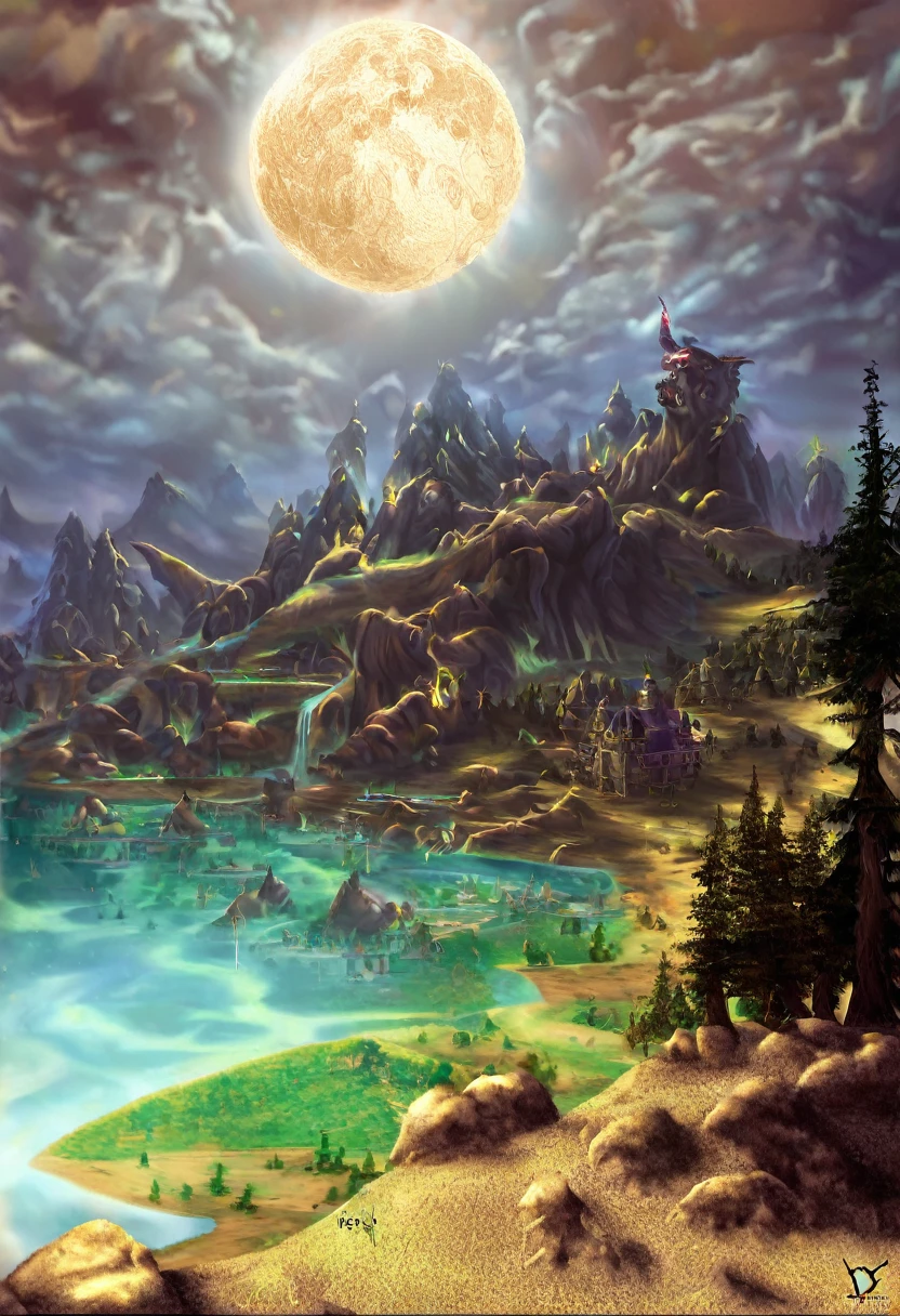 Jaina proudmoore, art by   aaron horkey, , , ultra highly detailed, 32k, sharp focus, luminism, detailed oil painting, moon, detailed sky, dark wolf with big highly detailed, by Anato Finnstark . detailed landscape, northern tales aesthetic, dynamic movement, big reflective eyes, forest,glowing, swirling leaves, emerald fog, mystical, complex background, dynamic lighting, lights, intricated pose, highly detailed filigree, intricated, baroque, Hudson river school, Thomas Cole, masterpiece