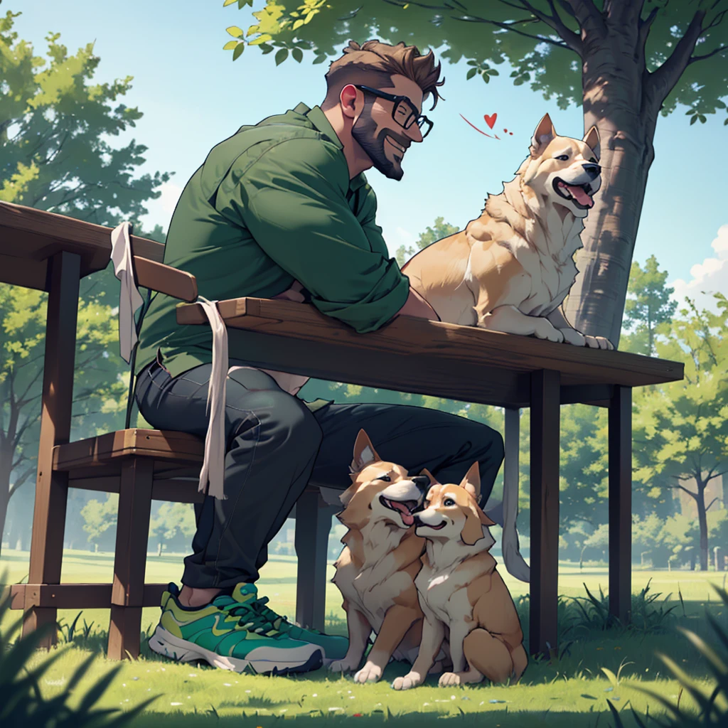 a man with a dark blond beard well groomed ,a dark blond hair   , a golden retriever dog sitting near him, the man wearing( glasses, topless and hairy chest ,(dark green short ),(dark green shoes),in a park, the man sitting over a table  cloth on the grass near picnic basket , high well detailed face fingers body parts  focus, happy smile, happy dog, heart-warming, seen from the front to side