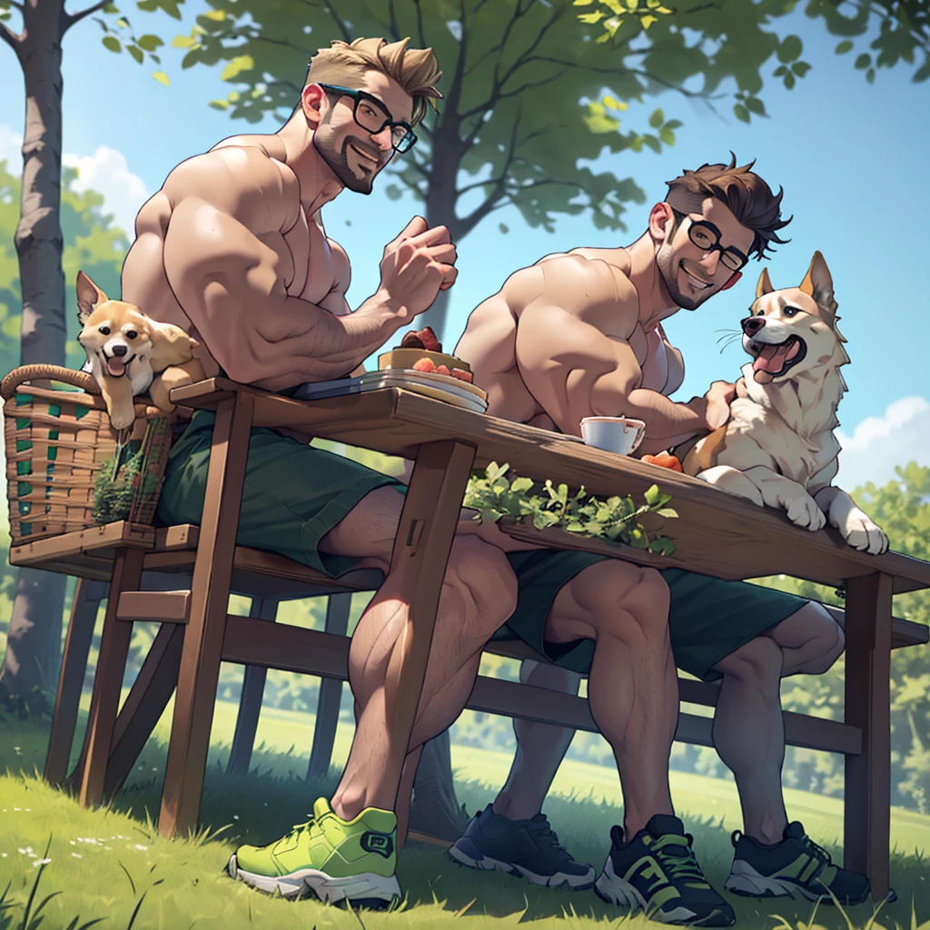 a man with a dark blond beard well groomed ,a dark blond hair   , a golden retriever dog sitting near him, the man wearing( glasses, topless and hairy chest ,(dark green short ),(dark green shoes),in a park, the man sitting over a table  cloth on the grass near picnic basket , high well detailed face fingers body parts  focus, happy smile, happy dog, heart-warming, seen from the front to side