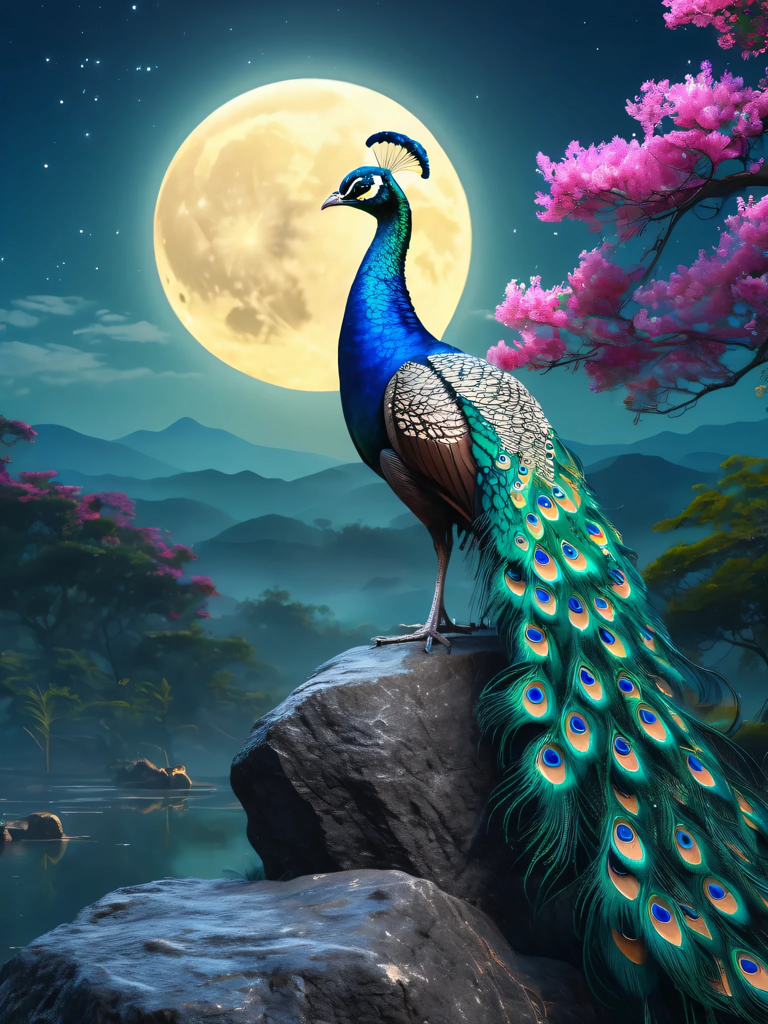 Peacock standing on a rock with full moon in background, highly detailed digital paintings, 8K high quality detailed art, Detailed painting 4k, highly detailed digital paintings, Peacock, Beautiful art UHD 4K, exquisite digital illustration, Highly detailed art in 4K, Magic the Gathering card art, highly detailed illustrations, Highly detailed 4K art, beautiful digital artwork