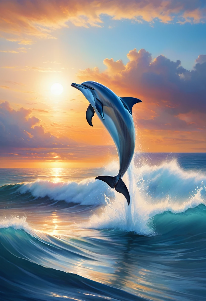 Create a serene and uplifting image that captures the essence of new beginnings and limitless possibilities. Depict a stunning ocean horizon at sunrise or sunset, with the sky ablaze with warm, golden hues. In the foreground, feature a majestic dolphin leaping out of the water, as if breaking free from the surface and soaring into the sky. The dolphin should be rendered in exquisite detail, with a shimmering, iridescent coat that catches the light of the setting sun. Its body should be arched in a graceful, triumphant pose, conveying a sense of freedom and joy. In the background, include a few wispy clouds that evoke a sense of movement and progression, as if the dolphin is leaving the old behind and embracing the new. The ocean waves should be calm and peaceful, with a subtle shimmer that suggests the infinite possibilities that lie ahead. The overall mood of the image should be one of hope, renewal, and inspiration, inviting the viewer to embark on their own journey of discovery and growth. The color palette should be vibrant and uplifting, with a focus on blues, golds, and whites to evoke a sense of clarity, optimism, and limitless potential. **Style:** The image should be rendered in a highly detailed, realistic style, with a focus on capturing the textures, colors, and movements of the natural world. The dolphin should be depicted in a dynamic, expressive pose, as if it is about to break free from the ocean's surface and soar into the sky. The image should also have a sense of depth and dimensionality, with the dolphin and ocean waves appearing to emerge from the background. The lighting should be warm and golden, with a focus on capturing the soft, ethereal glow of the setting sun. **Mood:** The mood of the image should be one of hope, renewal, and inspiration