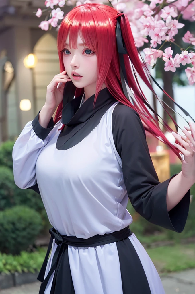 short hair, bangs, blue eyes, hair ornaments, Hair Ribbon, Pink Hair, blunt bangs, Both sides up, butterfly hair ornaments, skirt, No sleeve、、Random color see-through kunoichi costume、Japanese see-through female samurai costume、See-through female ninja costume,, Open clothes, Collared dress emphasizes cleavage、胸の谷間のSweat is noticeable,, 満開のcherry blossoms、cherry blossoms、Open-air bath、Outdoor、Professional lighting light reflection、 looking at viewer, (masterpiece:1.2), Highest quality, High resolution, unity 8k wallpaper, (figure:0.8), (Beautiful fine details:1.6), Highly detailed face, Perfect lighting, Highly detailed CG, (Perfect hands, Perfect Anatomy),heavy rain、heavy rainで全身びしょ濡れ、heavy rainで全身びしょ濡れの服、High heels、 ((Perfect handsの形))、(Perfect foot shape、Embarrassed expression blushing、、Gestures to seduce a man、Obscene pose、Shining Sweat、Perfect Skin,Sweat is noticeable、太もものSweat is noticeable、、 Fair skin,Tight waist, Sweating profusely、Sweaty hair、Sweaty clothes、Sweaty、Visible sweat、rain-wet hair