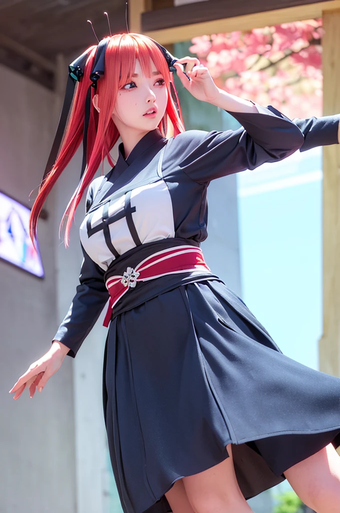 short hair, bangs, blue eyes, hair ornaments, Hair Ribbon, Pink Hair, blunt bangs, Both sides up, butterfly hair ornaments, skirt, No sleeve、、Random color see-through kunoichi costume、Japanese see-through female samurai costume、See-through female ninja costume,, Open clothes, Collared dress emphasizes cleavage、胸の谷間のSweat is noticeable,, 満開のcherry blossoms、cherry blossoms、Open-air bath、Outdoor、Professional lighting light reflection、 looking at viewer, (masterpiece:1.2), Highest quality, High resolution, unity 8k wallpaper, (figure:0.8), (Beautiful fine details:1.6), Highly detailed face, Perfect lighting, Highly detailed CG, (Perfect hands, Perfect Anatomy),heavy rain、heavy rainで全身びしょ濡れ、heavy rainで全身びしょ濡れの服、High heels、 ((Perfect handsの形))、(Perfect foot shape、Embarrassed expression blushing、、Gestures to seduce a man、Obscene pose、Shining Sweat、Perfect Skin,Sweat is noticeable、太もものSweat is noticeable、、 Fair skin,Tight waist, Sweating profusely、Sweaty hair、Sweaty clothes、Sweaty、Visible sweat、rain-wet hair