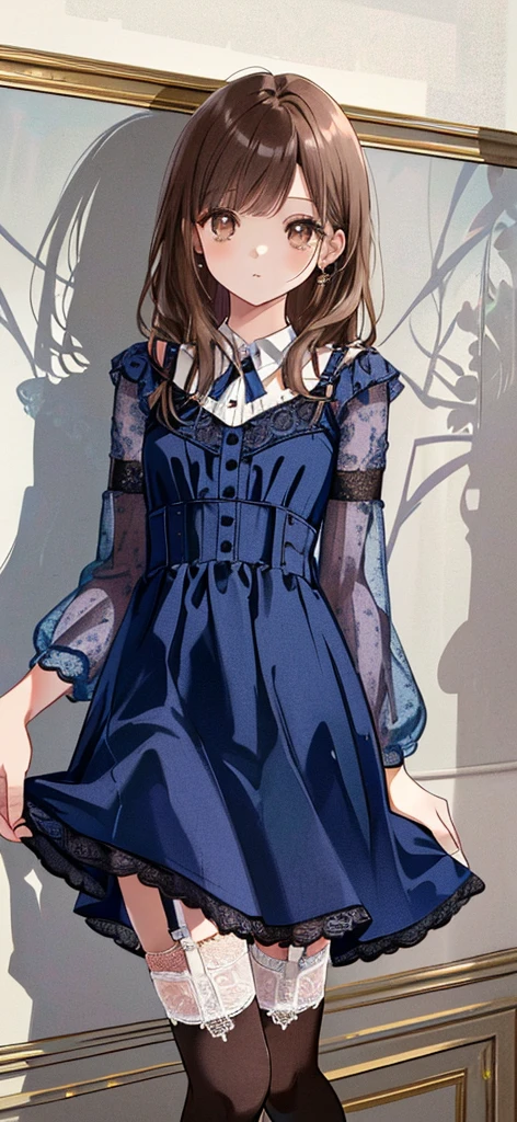 ((masterpiece)), ((best quality)), ((ultra detailed)), ((kawaii)), cute, (lovely), ((extremely detailed)), ((8K)), (beautiful), full body, luxury room, a cute girl, 1girl, solo, blue mini camisole dress,beautiful light brown hair, ((detailed beautiful brown eyes)), white-skinned, flat breast, tiny breast, garter belt,(garter stockings:1.4),pink eyeshadow