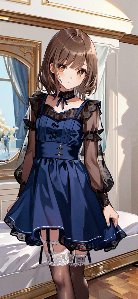((masterpiece)), ((best quality)), ((ultra detailed)), ((kawaii)), cute, (lovely), ((extremely detailed)), ((8K)), (beautiful), full body, luxury room, a cute girl, 1girl, solo, blue mini camisole dress,beautiful light brown hair, ((detailed beautiful brown eyes)), white-skinned, flat breast, tiny breast, garter belt,(garter stockings:1.4),pink eyeshadow