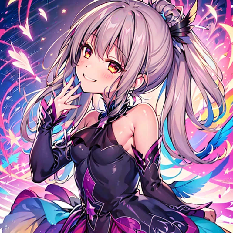 (best quality:1.2), 1 girl, Vibrant colors, Fantasy Lights, Detailed floral background, Smile, Solitary, Ponytail, Star Hairpin, Black feather hairpin, Nail Art