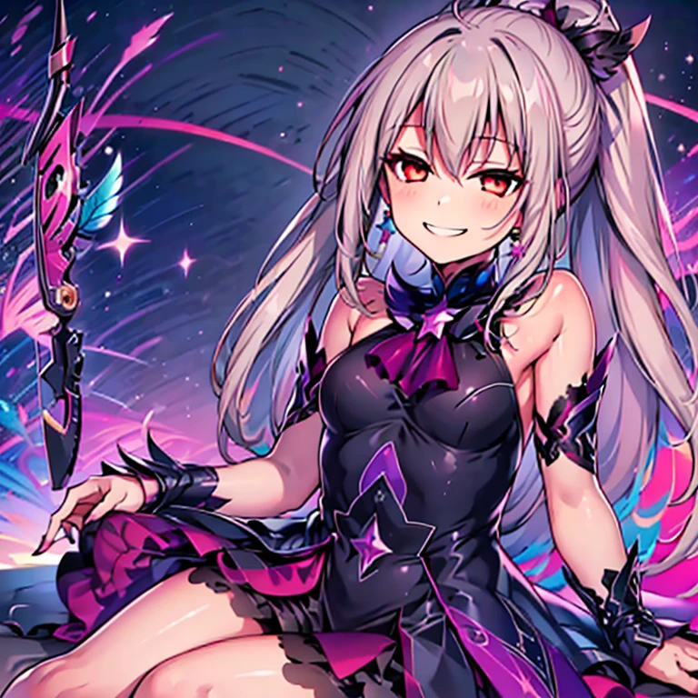 (best quality:1.2), 1 girl, Vibrant colors, Fantasy Lights, Detailed floral background, Smile, Solitary, Ponytail, Star Hairpin, Black feather hairpin, Nail Art