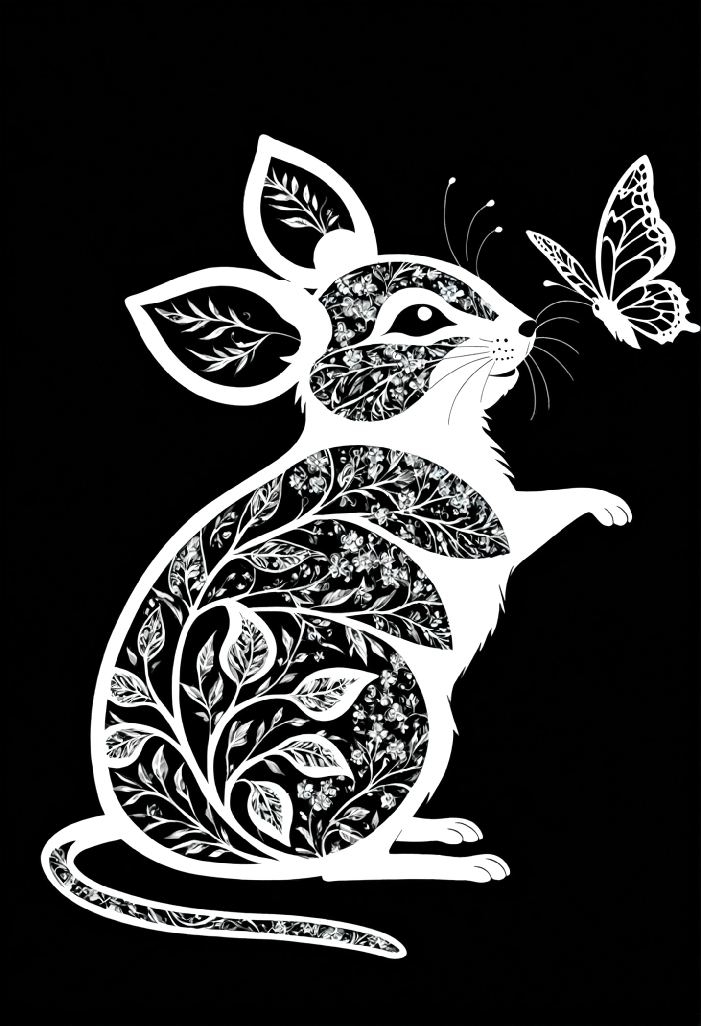 A white silhouette design of a mouse and a butterfly，Black Background，Beautiful silhouette，looking at the camera，Biologically correct