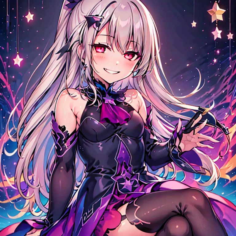 (best quality:1.2), 1 girl, vibrant colors, dreamlike lighting, detailed floral background, evil smile, alone, a ponytail, star hairpins, black feather hairpin, nail art