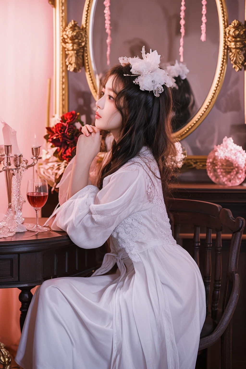 araffe woman in a white dress sitting at a table with a mirror, dreamy atmosphere and drama, gorgeous aristocrat robe, wearing a nightgown, ((wearing aristocrat robe)), palace ， a girl in hanfu, white hanfu, ethereal fairytale, ethereal and dreamy, wearing white silk robe, rococo queen, in victorian aristocrat, dreamy and ethereal