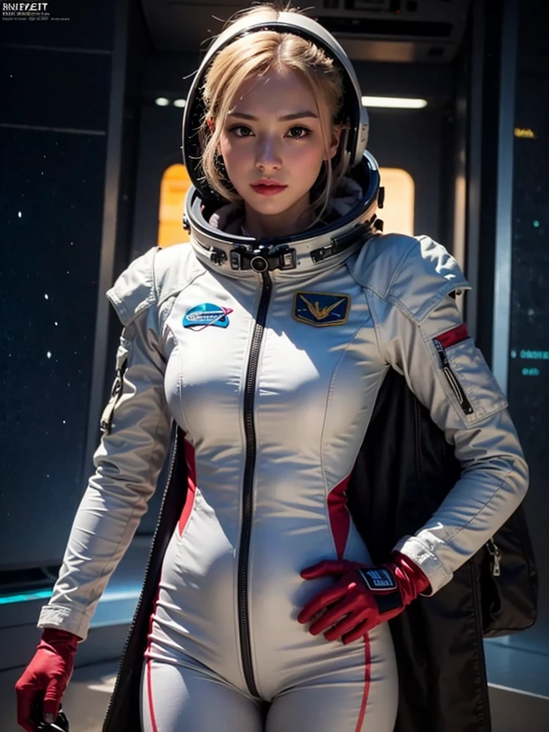 Close-up of a woman in a white suit with red gloves, Portrait Astronaut Girl, Armored astronaut girl portrait, Sleek digital concept art, Kschaert Krentz Key Art Feminine, SF Women, girl in space, Smooth Art, Wearing a space suit, Vojtek Fuss, Lostrun 8k, Inspired by Krenz Kuszat、((smile))、(((Open Stance)))