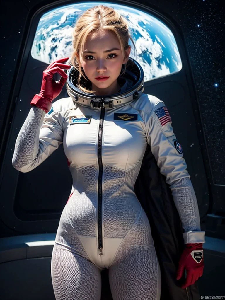 Close-up of a woman in a white suit with red gloves, Portrait Astronaut Girl, Armored astronaut girl portrait, Sleek digital concept art, Kschaert Krentz Key Art Feminine, SF Women, girl in space, Smooth Art, Wearing a space suit, Vojtek Fuss, Lostrun 8k, Inspired by Krenz Kuszat、((smile))、(((Open Stance)))