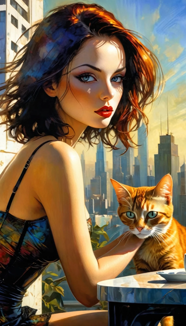 sexy girl in lingerie and her pet cat, alone, having a coffee, enjoying the views from a large terrace, views of a futuristic city:1.5. (art inspired in Bill Sienkiewicz). oil painting) (best quality,4k,8k,highres,masterpiece:1.2),ultra-detailed,(realistic,photorealistic,photo-realistic:1.37),intricate details,vivid colors,sharp focus,professional,(best quality,4k,8k,highres,masterpiece:1.2),ultra-detailed,(realistic,photorealistic,photo-realistic:1.37),intricate details,vivid colors,sharp focus,professional,Dave McKean artwork, oil touch of surrealism,oil painting style,portrait,woman,beautiful detailed eyes,beautiful detailed lips,dreamlike atmosphere,shadow play,soft lighting,playful pose