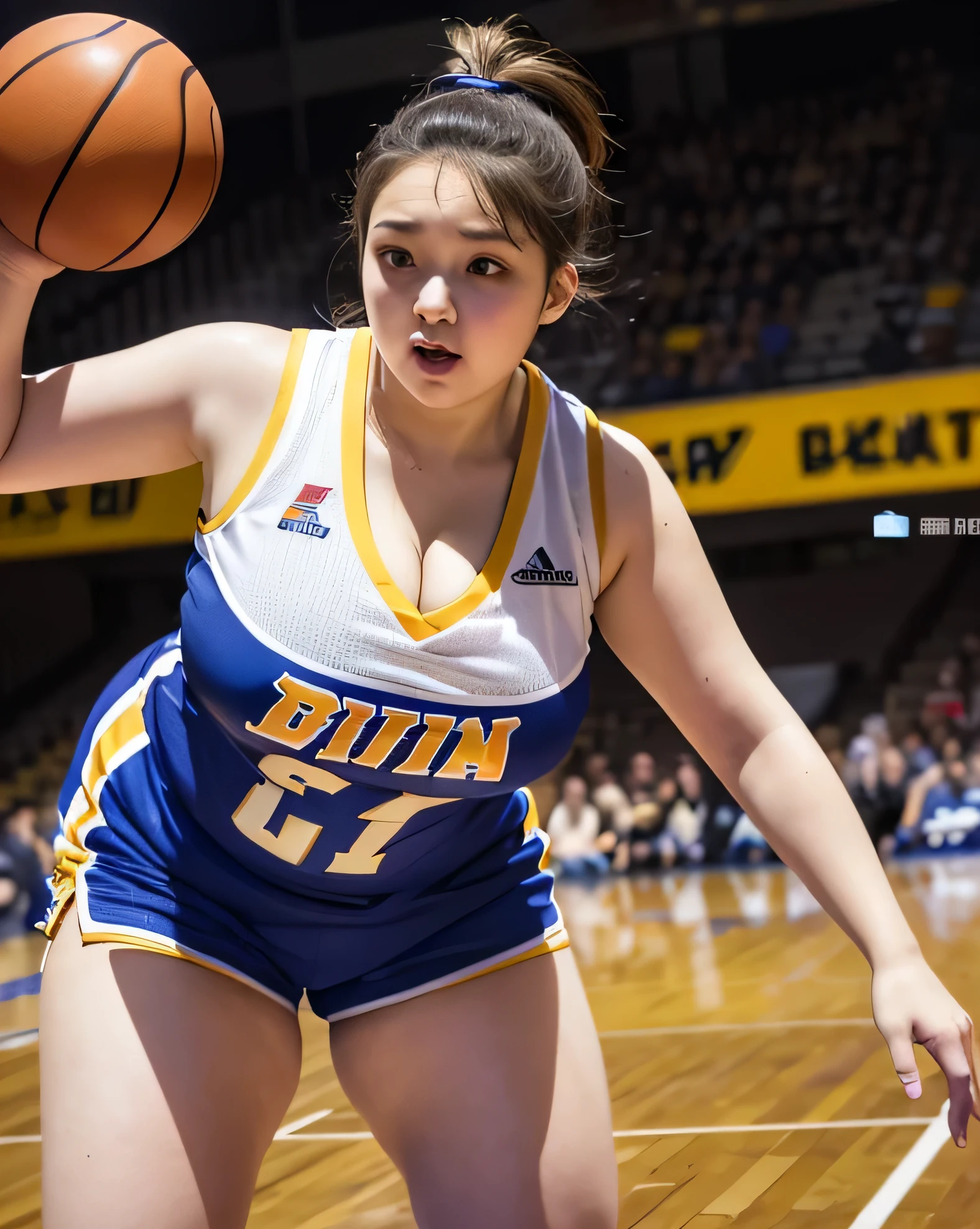 ((8K)), highest quality, 超High resolution, (Surreal)、(High resolution), 1 girl, basketball player, ((basketball costume)), Overweight, extremely fat, ((Chubby)), Cleavage, Basketball Court, ((leaning forward))