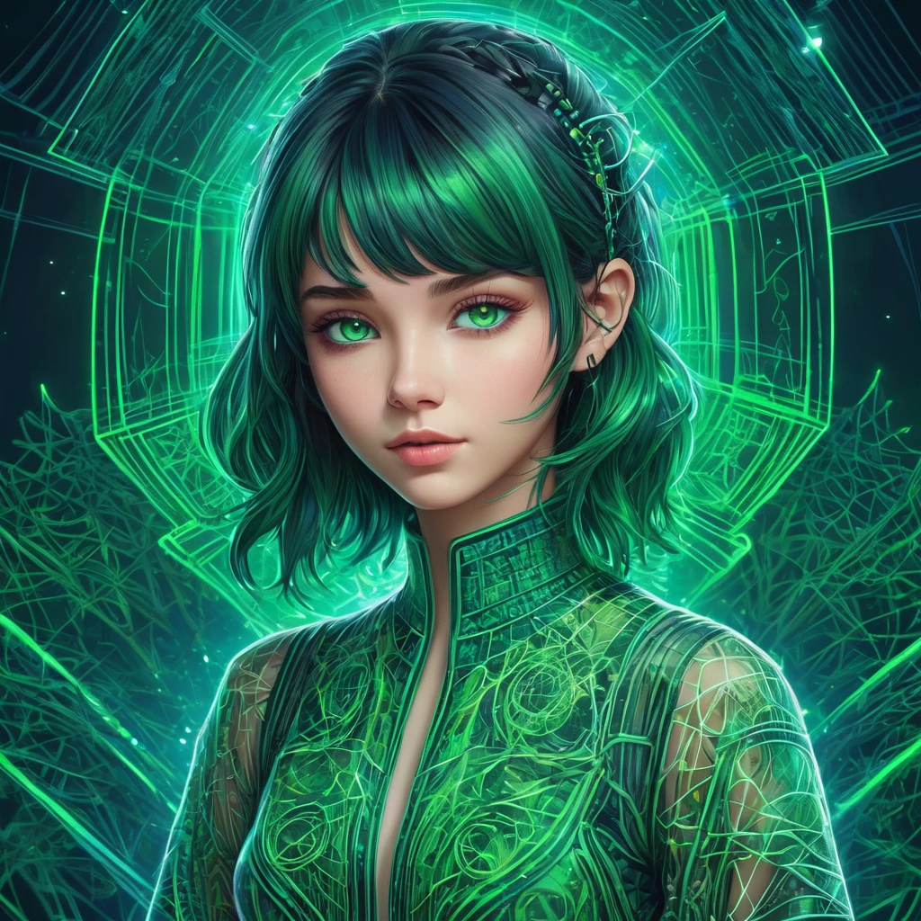 a wireframe hologram of structure with glowing Vibrant green lines forming intricate patterns around its structure,, (cute_cartoon_style of counterfeit_v3, octane-render):1.33, (monochrome color:blue-theme), detailed calligraphy art, Indian ink brush painting, aesthetic art:1.2), multi-exposure prism, strobe ripple effect, BREAK, 1girl, (detailed green eyes, jet-black hair,colored inner green hair,split color:1.21), antenna hair, batik, and fractal-inspired fabric dress. #dress, #batik, #fractal, #fashion, #art, #design, A long, flowing dress made of fabric with a unique and eye-catching pattern. The pattern is a combination of batik, and fractals, creates a swirling, organic pattern, while the batik adds a touch of color and contrast. The fractals create a sense of depth and complexity. floating hair, graphite, partially colored, spot color, (flip the whole horizontally,blue image:1.3), (Monochromatic colors:1.4), BREAK,(additional Background), (detailed calligraphy art:1.1), (marbled gray color cloud:1.3),(2raging dragons of east pacific:1.3). Break, see stratosphere from below, Entering the atmosphere , serious, grumpy, side view, whole body shot, (jet-black hair, colored inner green hair, split-color hair):1.21, antenna hair, include colorful binary code, calligraphy patterns, penmanship, visual poetry, cultural expression, decorative writing. of her form molded from clear, luminous glitches, beautiful scripts cascading in symmetrical patterns, housing a multitude of artistic lettering tech,