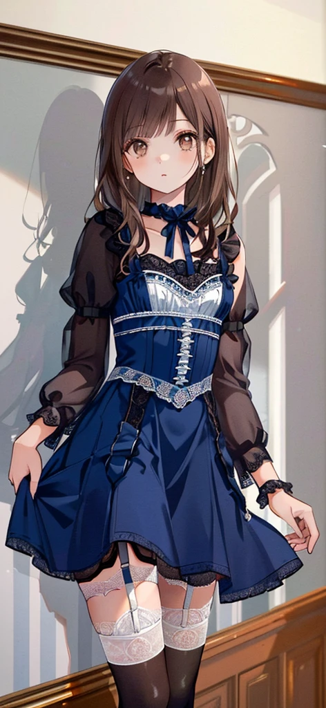 ((masterpiece)), ((best quality)), ((ultra detailed)), ((kawaii)), cute, (lovely), ((extremely detailed)), ((8K)), (beautiful), full body, luxury room, a cute girl, 1girl, solo, blue mini camisole dress,beautiful light brown hair, ((detailed beautiful brown eyes)), white-skinned, flat breast, tiny breast, garter belt,(garter stockings:1.4),pink eyeshadow
