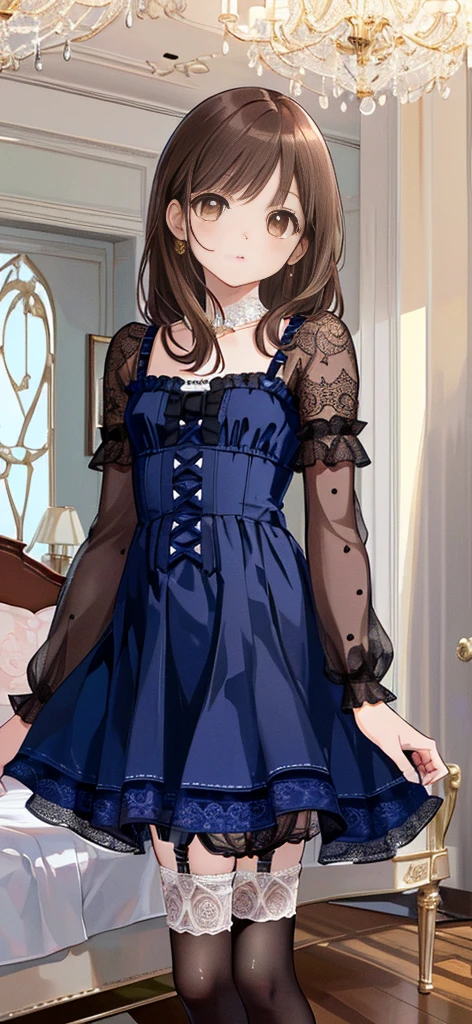 ((masterpiece)), ((best quality)), ((ultra detailed)), ((kawaii)), cute, (lovely), ((extremely detailed)), ((8K)), (beautiful), full body, luxury room, a cute girl, 1girl, solo, blue mini camisole dress,beautiful light brown hair, ((detailed beautiful brown eyes)), white-skinned, flat breast, tiny breast, garter belt,(garter stockings:1.4),pink eyeshadow