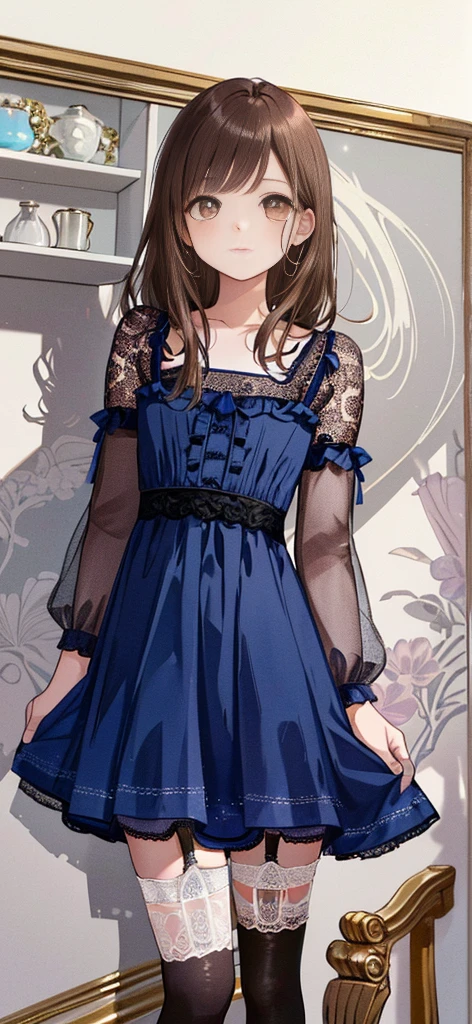 ((masterpiece)), ((best quality)), ((ultra detailed)), ((kawaii)), cute, (lovely), ((extremely detailed)), ((8K)), (beautiful), full body, luxury room, a cute girl, 1girl, solo, blue mini camisole dress,beautiful light brown hair, ((detailed beautiful brown eyes)), white-skinned, flat breast, tiny breast, garter belt,(garter stockings:1.4),pink eyeshadow